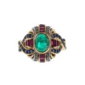 A Boucheron emerald, sapphire and diamond dress ring