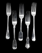 A group of five George III and later silver forks