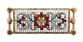 A French yellow gold, enamel and gem-set plaque brooch