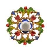 A Carlo & Arthur Giuliano polychrome enamel and pearl brooch