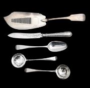 Two George III silver ladles, a Scottish fish slice, a knife and tablespoon
