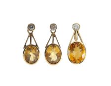A diamond, citrine pendant and ear drop set