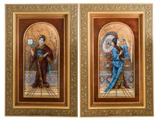 Paul Soyer (French, 1823-1903), a pair of framed enamel Japanned plaques
