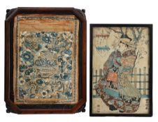 A Chinese embroidered panel and a Japanese woodblock print