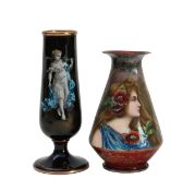 Two French hand-painted enamel vases