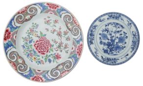 A Chinese famille rose charger and a blue and white porcelain dish