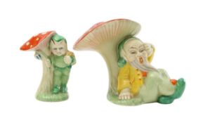 Two Clarice Cliff for Wilkinson gnome and toadstool figures