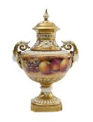 A Royal Worcester porcelain painted fruit vase and cover