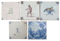 A group of five Dutch and English pottery tiles,