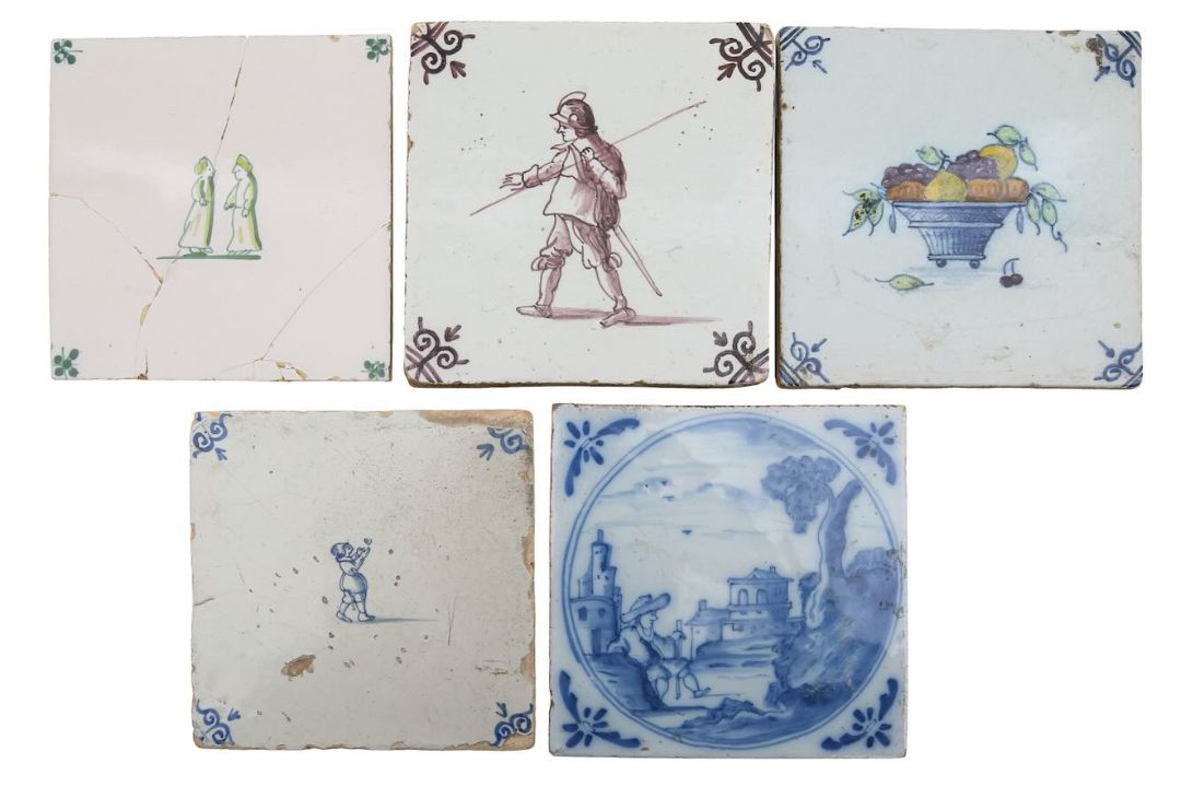 A group of five Dutch and English pottery tiles, - Image 1 of 2