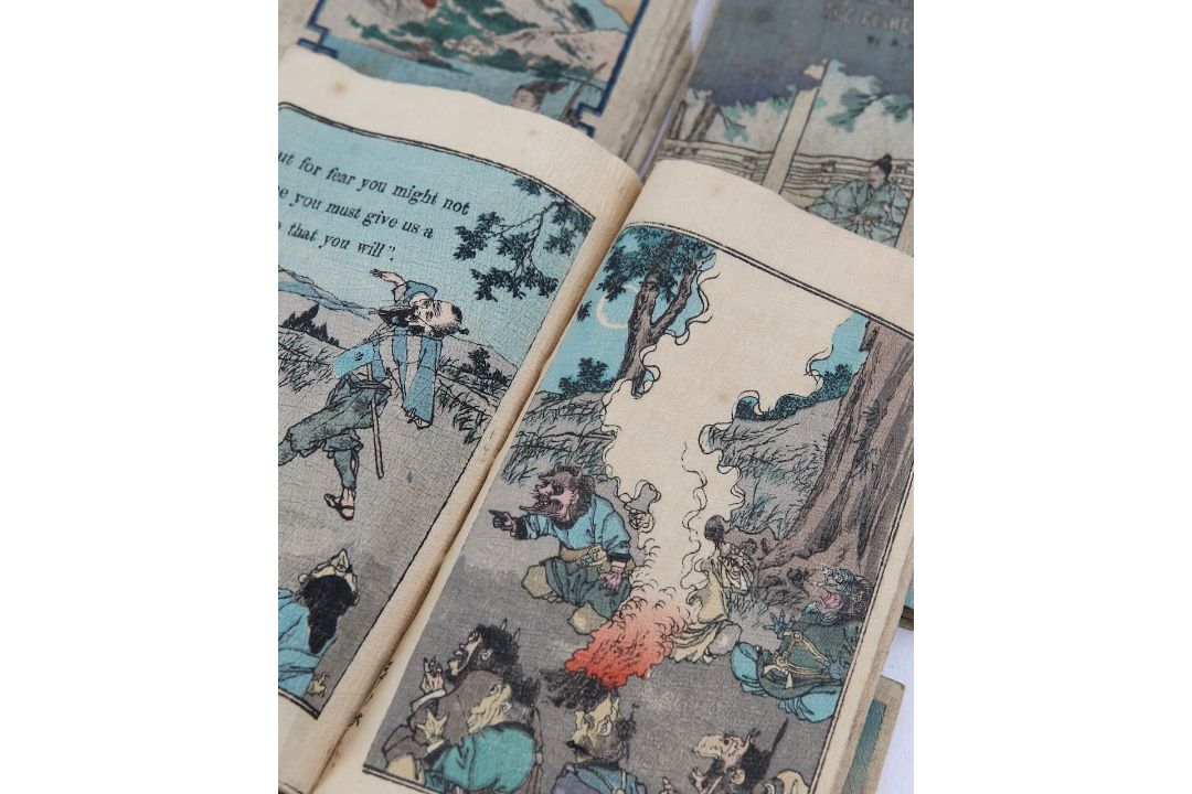A group of four Japanese fairytale books, and two watercolours on rice paper - Image 3 of 3