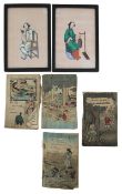 A group of four Japanese fairytale books, and two watercolours on rice paper