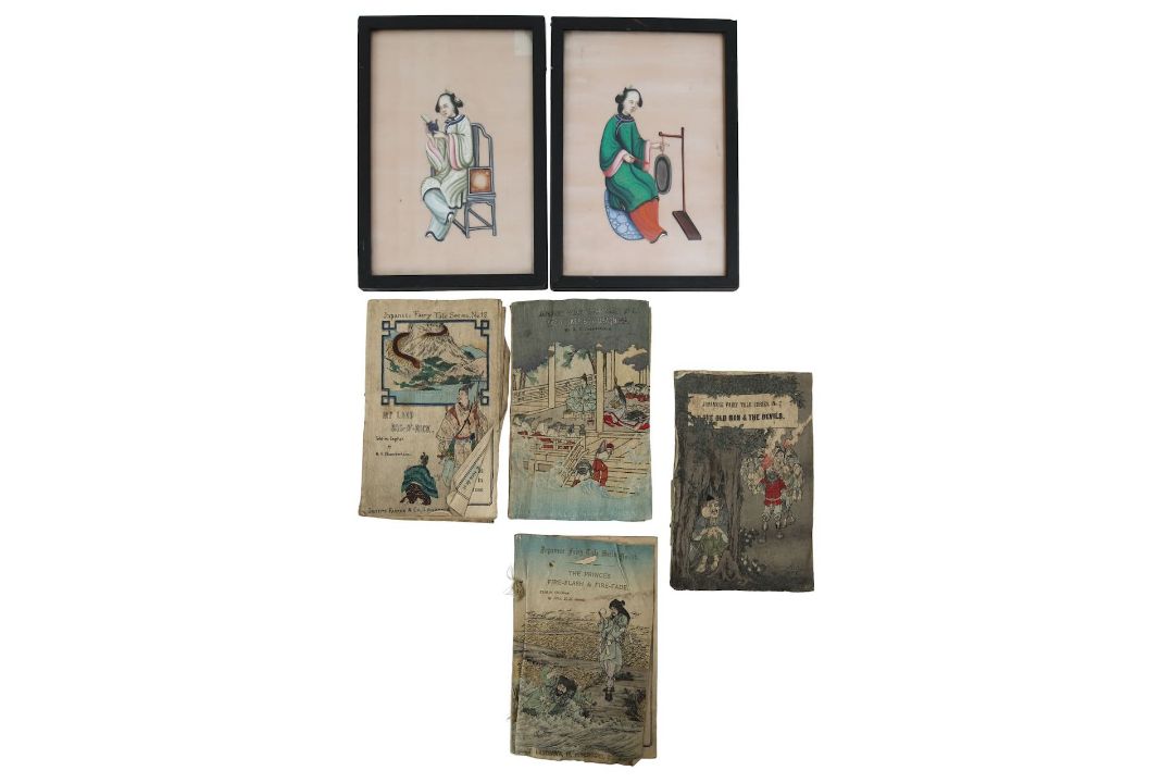 A group of four Japanese fairytale books, and two watercolours on rice paper - Image 1 of 3