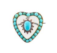 A late Victorian rock crystal, turquoise and diamond heart brooch