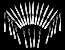 A George V silver and mother of pearl fruit knife and fork set