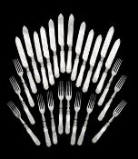 A set of Victorian silver plated mother of pearl fruit knives and forks