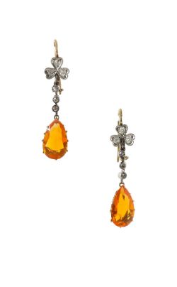 A pair of Edwardian fire opal and diamond drop ear pendants