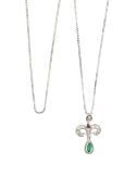 A diamond, ruby and emerald pendant and two box link chains