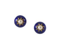 A pair of Edwardian blue guilloché enamel, pearl and diamond earrings