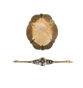 A 9ct gold cameo and a bar brooch