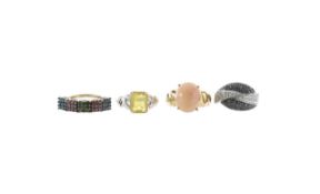 An 18ct pink opal ring and a yellow fire opal ring and two diamond set dress rings
