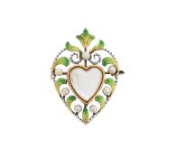 An Edwardian 'sweet heart' moonstone and enamel brooch