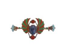 An Egyptian revival lapis carved scarab beetle enamelled brooch