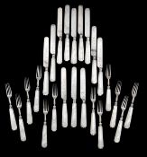 A George V silver and mother of pearl knife and fork set