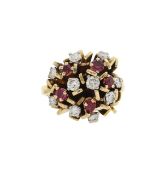 A ruby and diamond abstract cluster ring