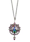 A silver enamelled, ruby and seed pearl peacock pendant necklace