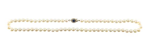 An 18ct diamond and sapphire clasp cultured pearl necklace