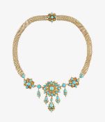 A cannetille gold and turquoise necklace