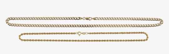 A 9ct gold curb link and a rope twist chain