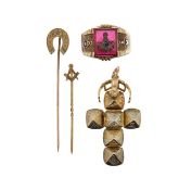 A collection of Masonic ring, two stick pins and an orb