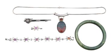 A hardstone and silver necklace, a Scottish silver and hardstone brooch, and jade bangle