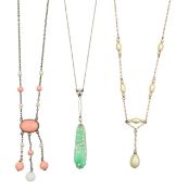 A Jadeite and seed pearl pendant necklace and two others