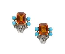 A pair of turquoise and citrine diamond set clip earrings