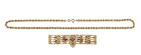 A 9ct gate bracelet and a rope link necklace