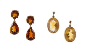 A pair of Madeira citrine ear pendants and citrine ear pendants