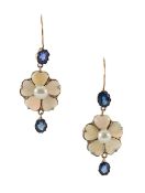 A pair of flower drop sapphire and opal earrings