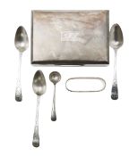 A George VI silver cigarette box, George V napkin ring and George III spoons
