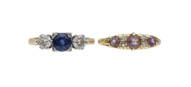 A sapphire and diamond three stone ring and amethyst and diamond ring