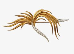 A European diamond and gold abstract feathered brooch