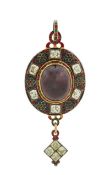 A mid Victorian garnet, enamel and chrysoberyl Holbeinesque pendant