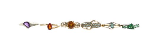 A collection of six, 9ct gemstone dress rings