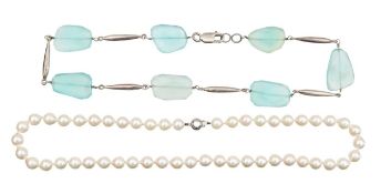 A silver chalcedony necklace and cultured pearl necklace