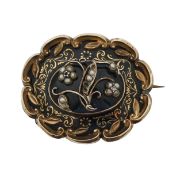 A Victorian black enamel and seed pearl mourning brooch