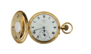 A George V 18ct gold half hunter key less pocket watch