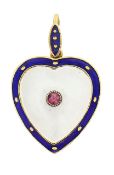 An Edwardian enamel and mother of pearl heart shaped pendant