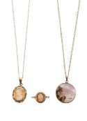 A Mount Fuji carved shell pendant, cameo shell necklace and ring